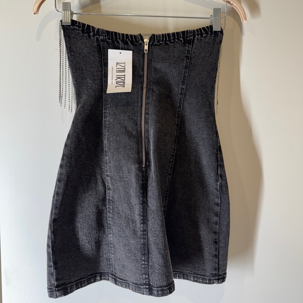 Black Denim Strapless Dress with Fringe - Picture 4 of 5